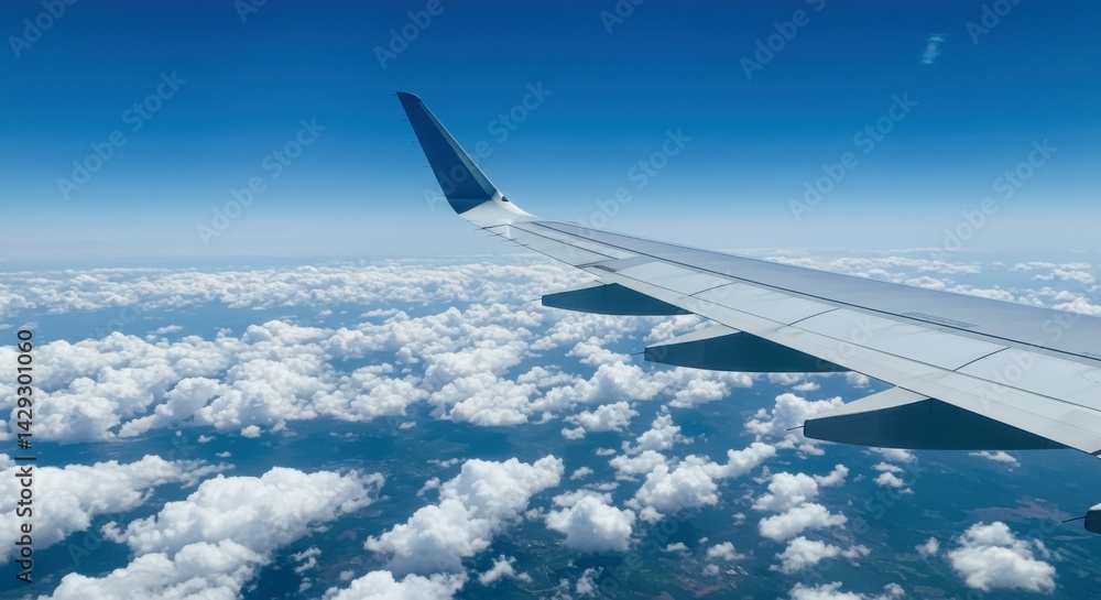 Fototapeta premium Airplane wing slicing through bright blue sky above soft cloudscape.
