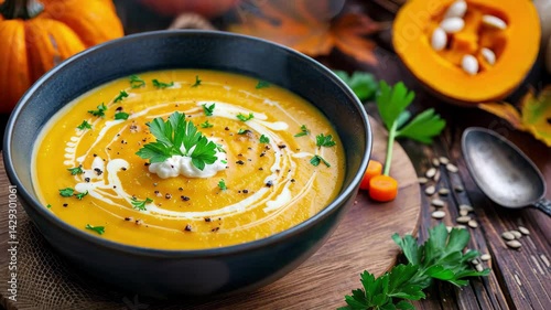 Delicious pumpkin and carrot soup served in a bowl, decorated with cream and parsley, surrounded by autumn leaves and fresh ingredients in a cozy kitchen setting