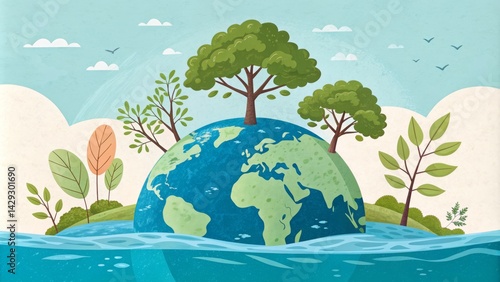 Earth Day Illustration Cartoon Globe with Trees, Watercolor Style, Nature Concept,Save the Planet Environment, Ecology