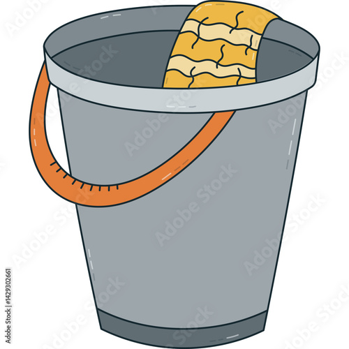 Cute colourful doodle plastic bucket with rag in it for washing floor and cleanse apartment. Hand drawn pail with cloth for wet cleaning. Funny equipment from dust, dirt isolated on white background.
