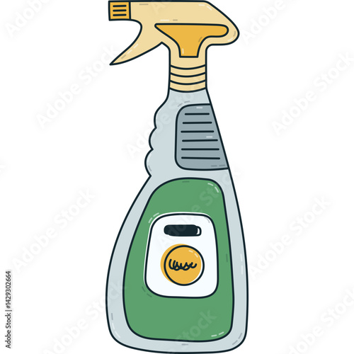 Cute cartoon doodle cleaning spray bottle to cleanse windows, bathroom plumbing, toilet. Hand drawn outline dispenser bottle to sanitize and spraying detergent agent isolated on white background.