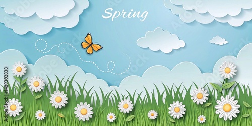 Beautiful fluffy clouds on a blue sky background, summer sun, butterfly, green grass on the lawn. Seamless pattern border, spring header. Vector illustration. Paper cut chamomile flowers.
