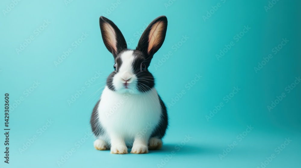 Obraz premium Adorable black-and-white rabbit, sitting calmly on a pastel blue minimalist background