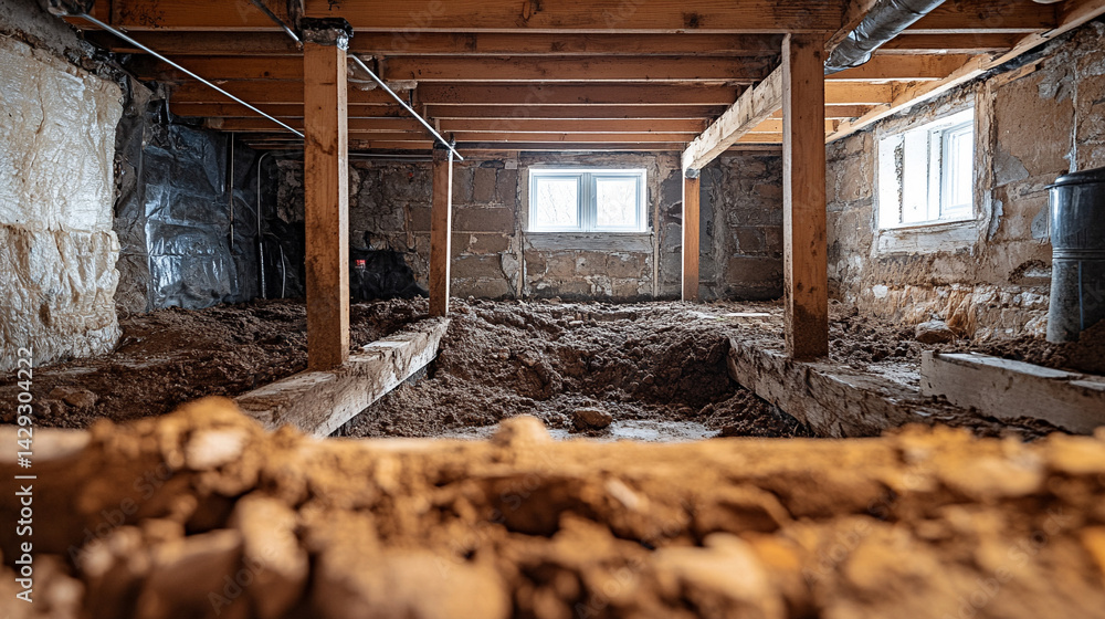 Dimly lit crawl space with exposed wooden beams and uneven soil, symbolizing hidden structural problems, foundation instability, and the unseen risks beneath the surface of a home.