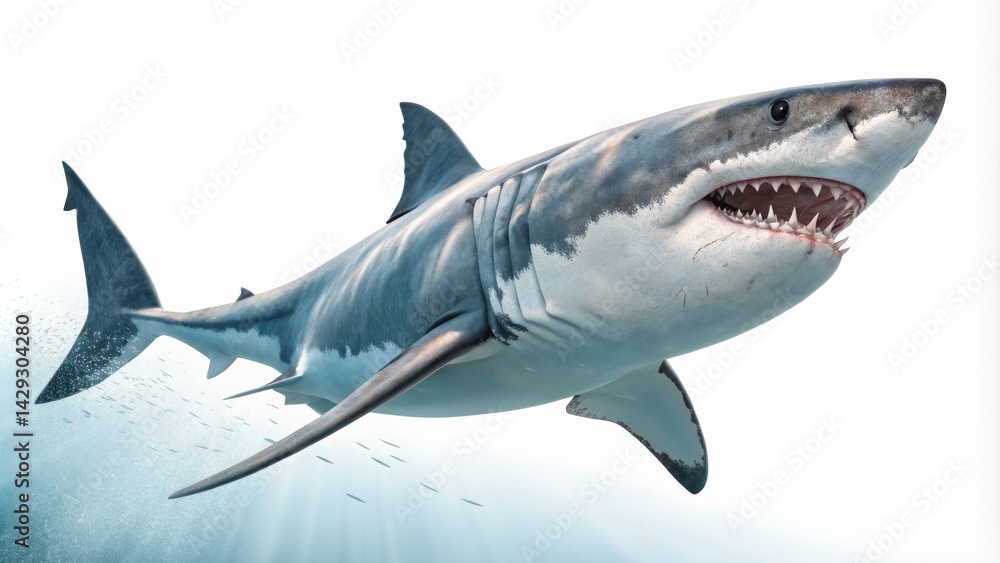 Obraz premium Great White Shark 3D Render, Underwater Composition, Predatory Concept, Marine Wildlife Shark, 3D rendering