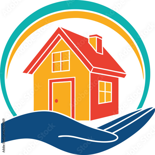 Colorful logo design, stylized house icon home care concept, Caring Hand Holding House Rainbow Shelter