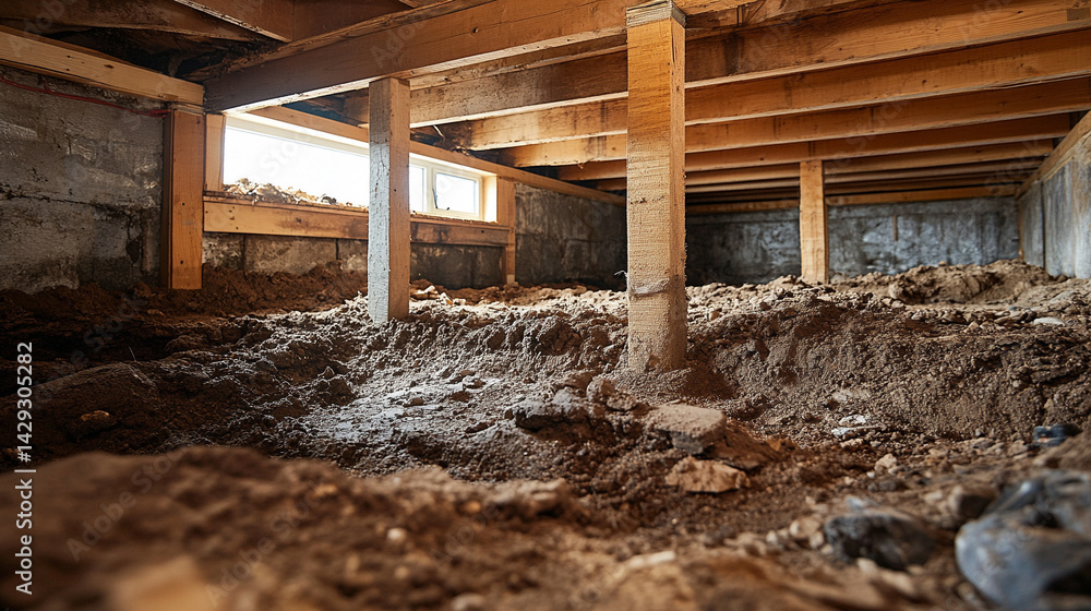 Dimly lit crawl space with exposed wooden beams and uneven soil, symbolizing hidden structural problems, foundation instability, and the unseen risks beneath the surface of a home.