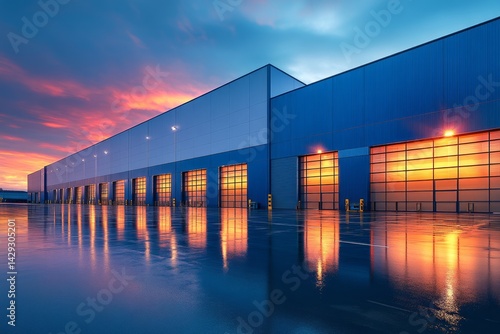 Modern warehouse reflects on wet sunset.