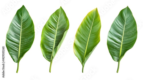 Four vibrant tropical leaves displayed against a stark white background.