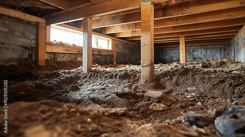 Obraz na płótnie Dimly lit crawl space with exposed wooden beams and uneven soil, symbolizing hidden structural problems, foundation instability, and the unseen risks beneath the surface of a home.
w salonie
