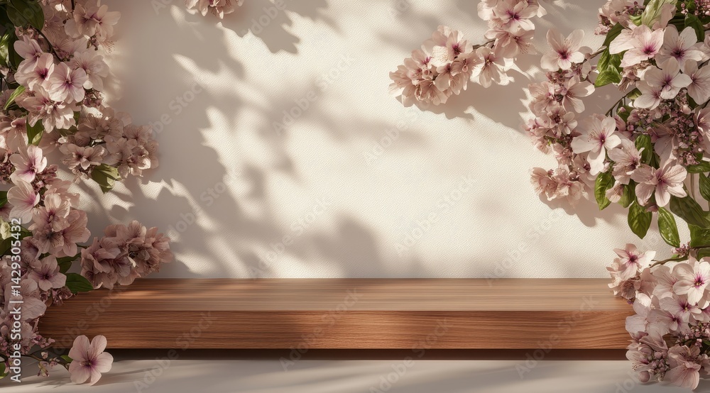 Spring floral display on a light beige wall with wooden platform Spring floral display on a light beige wall with wooden platform