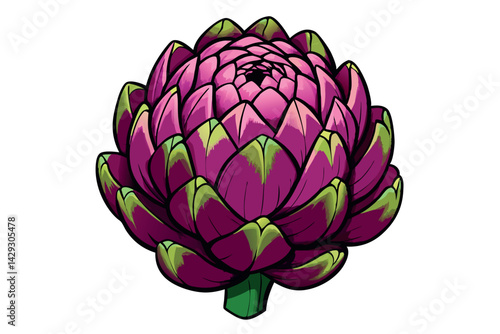 purple artichoke with green leaves, highly detailed and colorful, perfect for botanical or food themed art