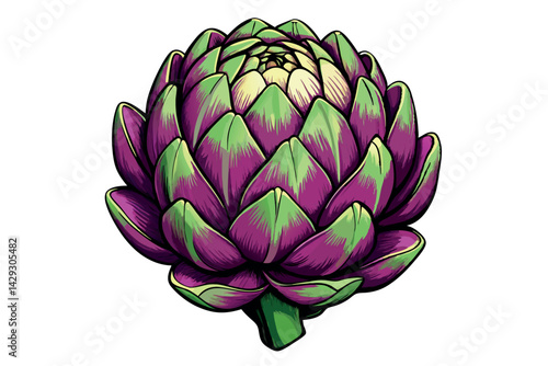 Artichoke close up with intricate petals in deep purple and green hues, creating a realistic and eye catching design of this unique vegetable