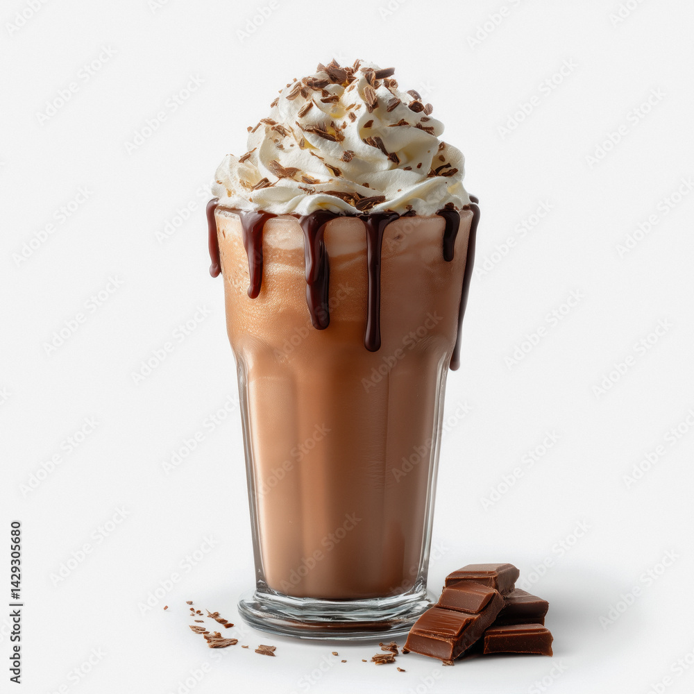 Tall glass chocolate milkshake, whipped cream, chocolate drizzle, and chocolate chunks against white background.