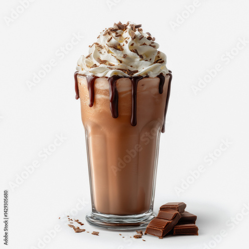 Obraz na płótnie Tall glass chocolate milkshake, whipped cream, chocolate drizzle, and chocolate chunks against white background. w salonie