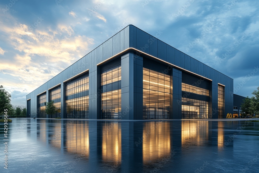 Photorealistic front view warehouse, blue sky Photorealistic front view warehouse, blue sky