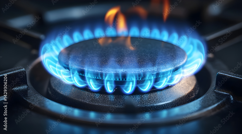Closeup of a modern gas stove burner with a bright blue flame. Concepts. cooking, energy, heat, gas, appliance Closeup of a modern gas stove burner with a bright blue flame. Concepts. cooking, energy, heat, gas, appliance