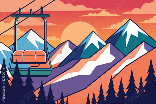 illustration of a ski resort chairlift surrounded by snowy mountains and a beautiful sunset background