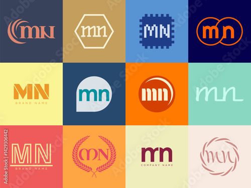 MN logo company template. Letter m and n logotype. Set different classic serif lettering and modern bold text with design elements. Initial font typography.