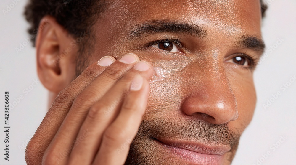 Fototapeta premium Fresh-Faced Man Applying Skincare with Medium Skin Tone Close-Up