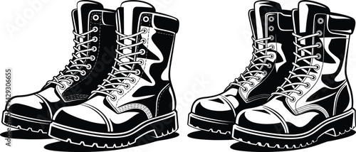 Vintage Combat Boots Silhouette Vector Illustration, Rugged Military Footwear Clipart.