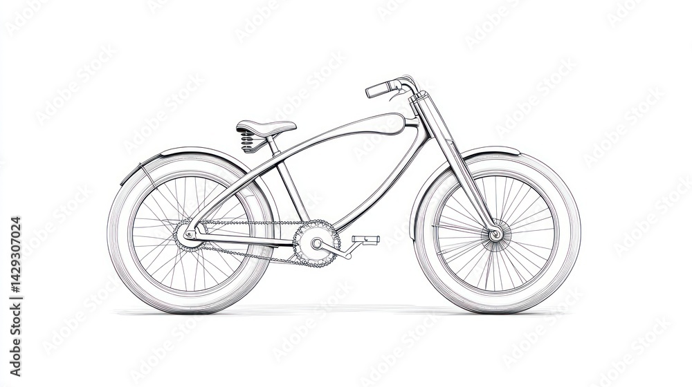 Fototapeta premium Bicycle outline drawing on white backdrop for engineering or design illustrations