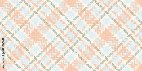 Subtle pastel plaid pattern in peach, light blue, and beige. Perfect for textile designs, website backgrounds, or crafting projects. Evokes a feeling of calm and serenity.