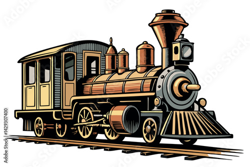Vintage steam locomotive illustration, showing detailed design of an old fashioned train with intricate features on rails