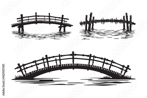 Wooden Bridge Vector Silhouettes Rustic River and Garden Crossing Designs