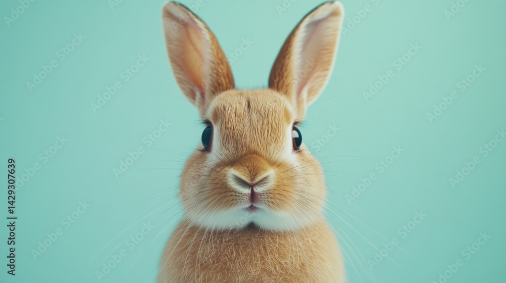 Obraz premium Adorable brown rabbit with gentle whiskers, centered on a light turquoise minimalist background
