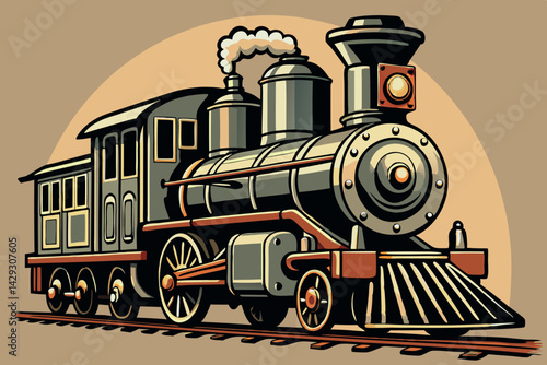a steam powered vintage train on railroad tracks, showing intricate details of the mechanical structure