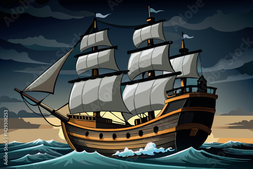 pirate ship on a turbulent sea under a dark sky, with powerful waves and billowing sails