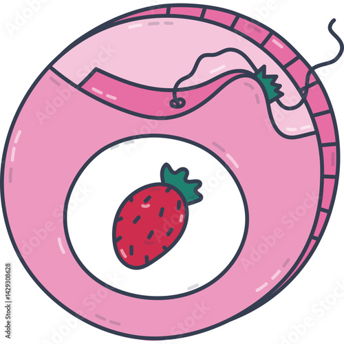 Lovely colourful doodle dental floss in circle case with strawberry taste. Trendy hand drawn container of teeth string with label for interdental hygiene. Oral care tool clipart isolated on white.