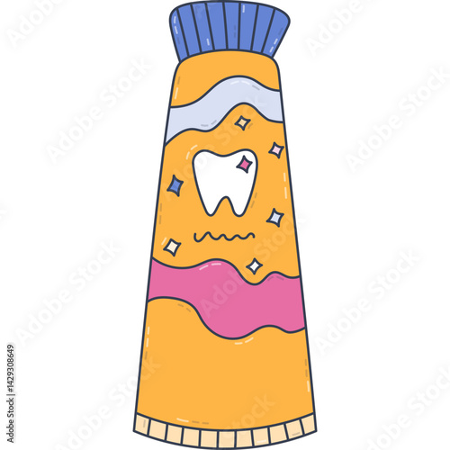 Lovely outline cartoon closed toothpaste tube with cap and shiny teeth on label. Trendy hand drawn dental product for cleansing tooth. Stomatology and healthcare doodle isolated on white background.