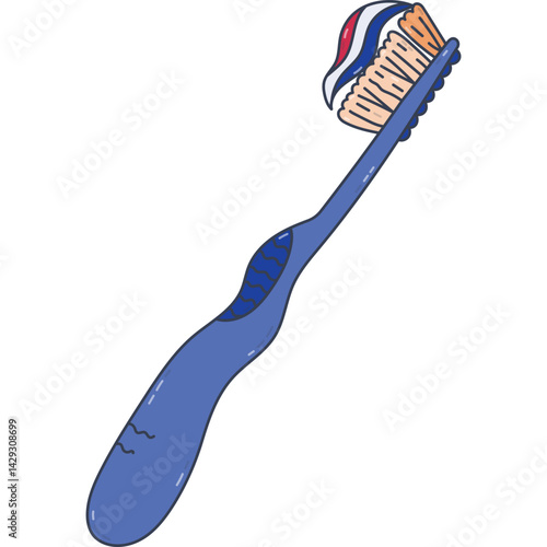 Lovely line cartoon manual toothbrush with squeezed toothpaste on it. Cute hand drawn brush for teeth hygiene and everyday dental routine for kids and adults. Oral care clipart isolated on background.
