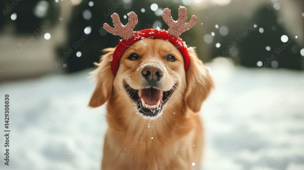 A golden retriever wearing festive reindeer antlers in the snow. A golden retriever wearing festive reindeer antlers in the snow.