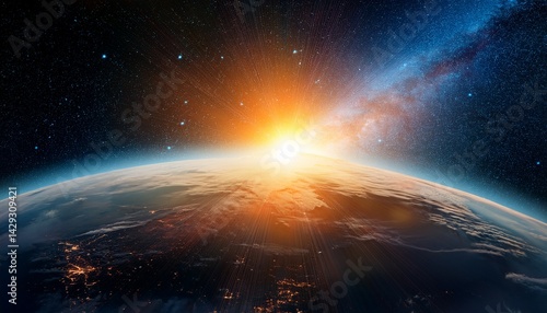 a beautiful sunrise seen from the surface of the earth with a background of outer space