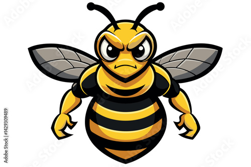 An angry cartoon bee mascot illustration with exaggerated muscular features, designed in a bold, dynamic style, showcasing vibrant yellow and black stripes
