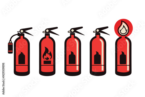 A series of five distinct fire extinguisher icons showing different stages of fire safety action with modern flat design style and symbols