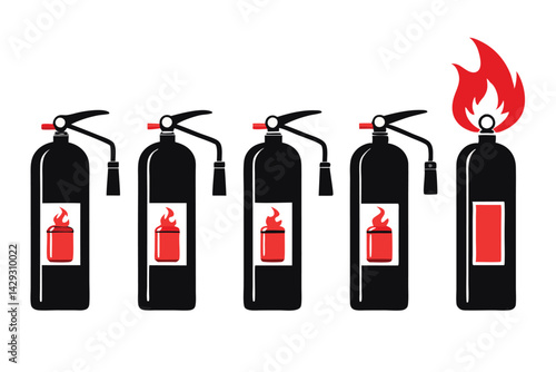 Five fire extinguisher icons showcasing various steps of fire prevention, from handling a fire to extinguishing flames, in minimalistic vector design