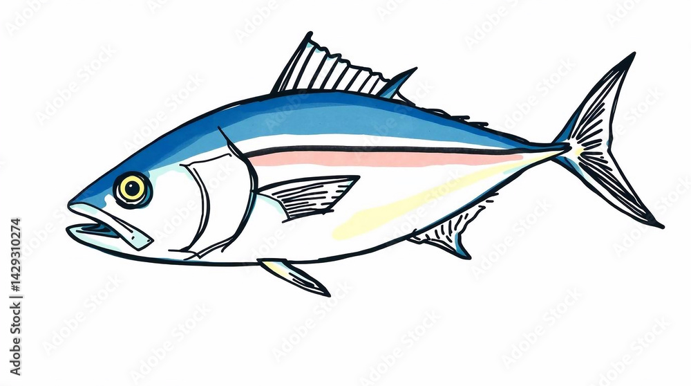 Fototapeta premium A color sketchnote style hand-drawn sketch of a tuna fish, emphasizing simple lines and bold colors.jpg