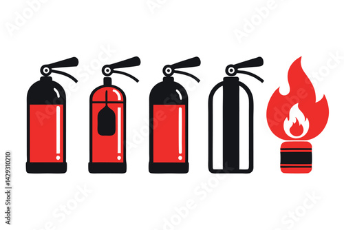 icons of fire extinguishers arranged in a sequence, representing fire emergency actions and safety measures in a simple and clean style