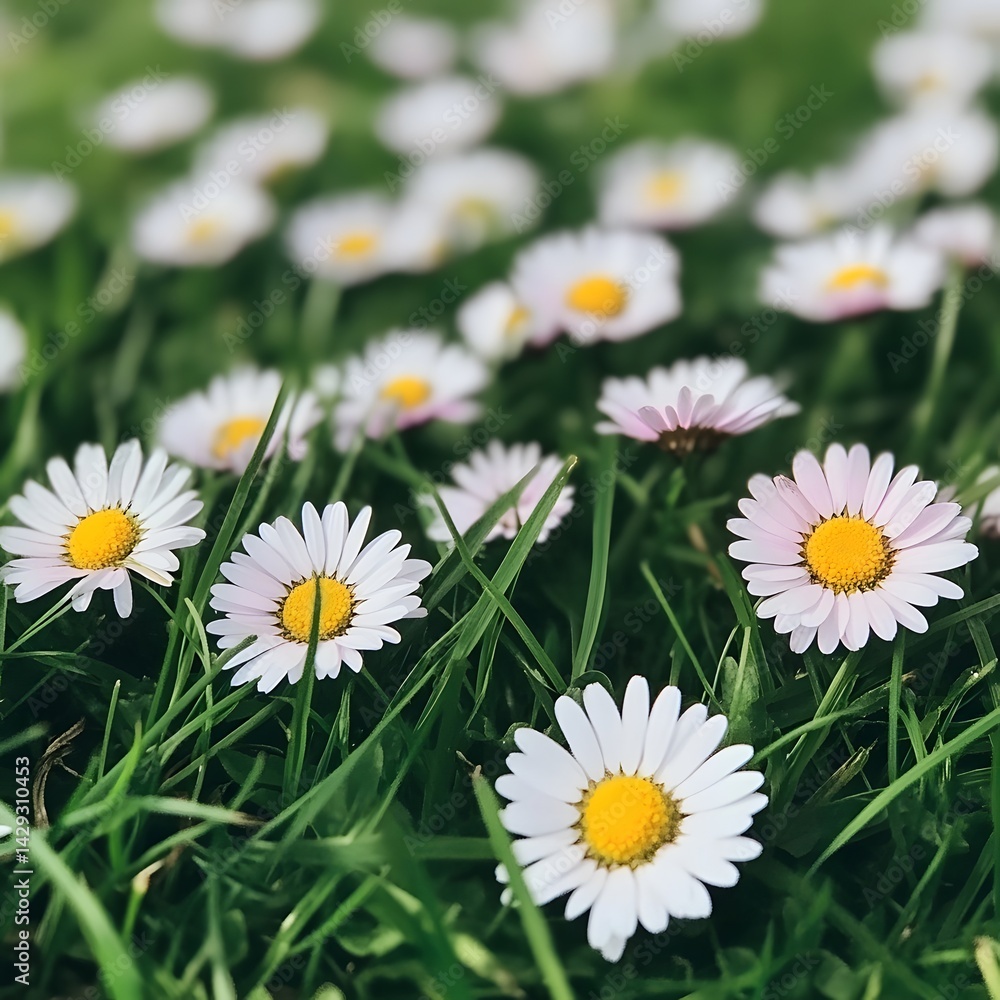 Fototapeta premium Beautiful Daisies in Lush Green Grass Meadow