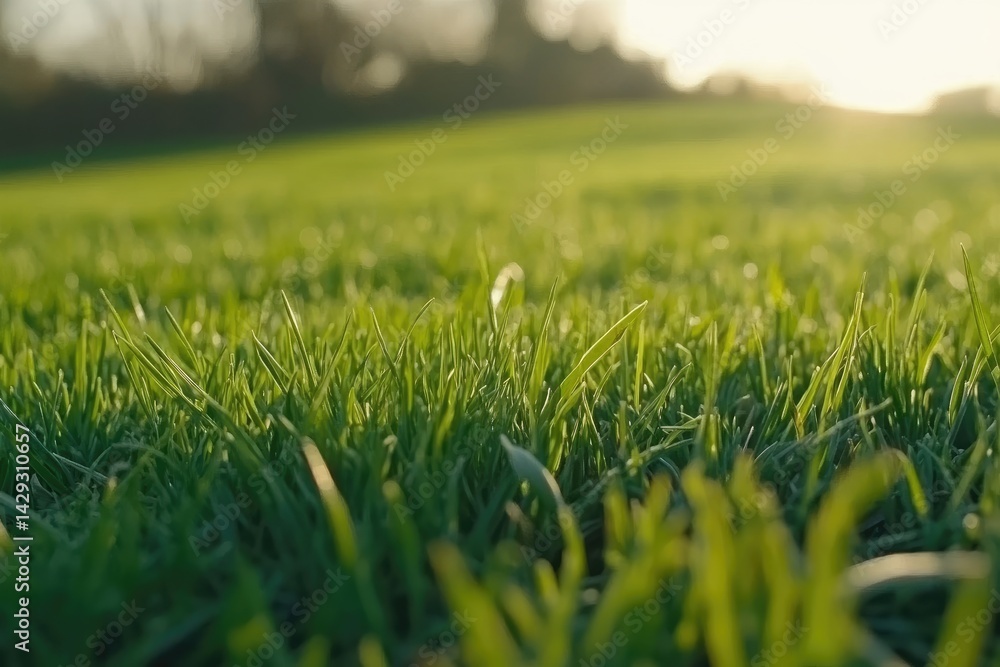 Fototapeta premium Lush green grass field bathed in golden sunlight. Close-up view of vibrant blades