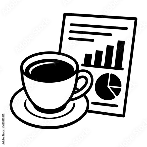 Vector illustration of a cup of coffee next to a document with a bar graph and a pie chart in black and white. Represents working with data, analysis, and planning.