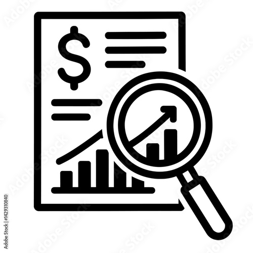 Vector illustration of a financial document with a dollar sign, bar graph, and magnifying glass in black and white. Represents financial analysis, investment review, and data examination.