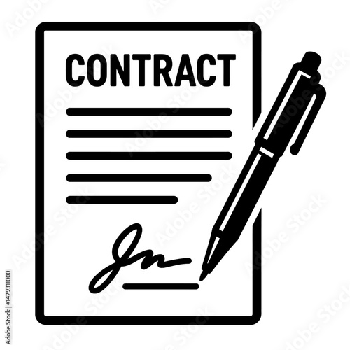 Vector illustration of a contract document with the word "CONTRACT," lines of text, a signature, and a pen in black and white. Represents agreements, legal obligations, and business transactions.