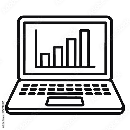 Vector illustration of a laptop computer displaying a bar graph on its screen in black and white. Represents data analysis, statistics, and business.