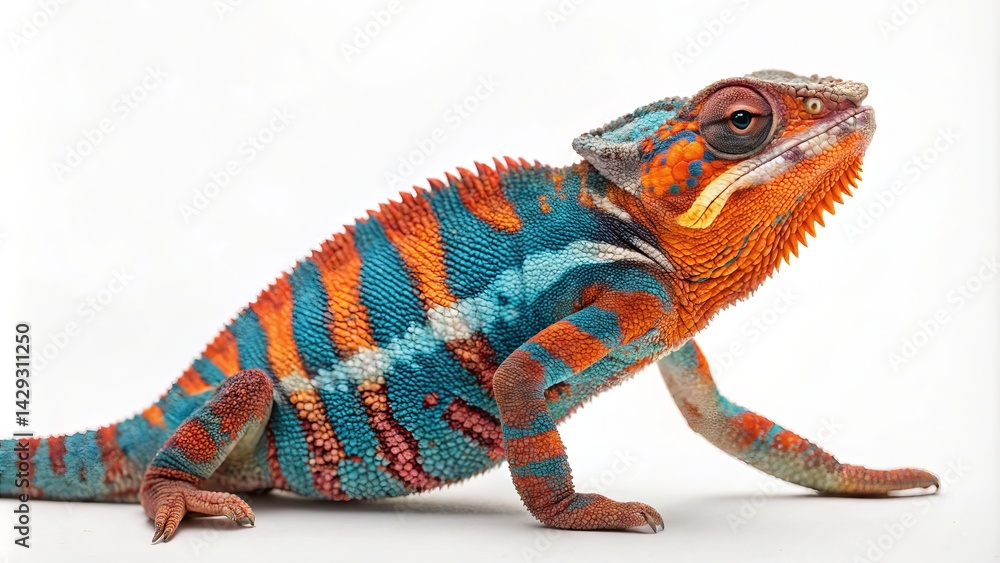 Fototapeta premium Vibrant Panther Chameleon Side Profile, Orange and Teal Scales, Studio Photography, Reptile Portrait Reptile, Chameleon