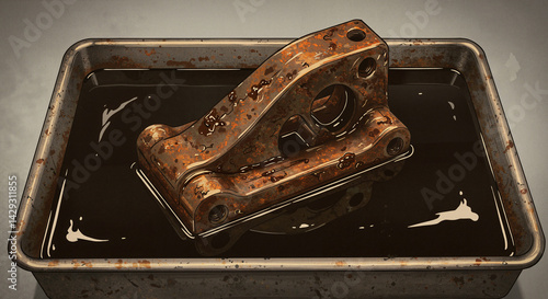 Rusty car part soaked in oil on a metal tray 